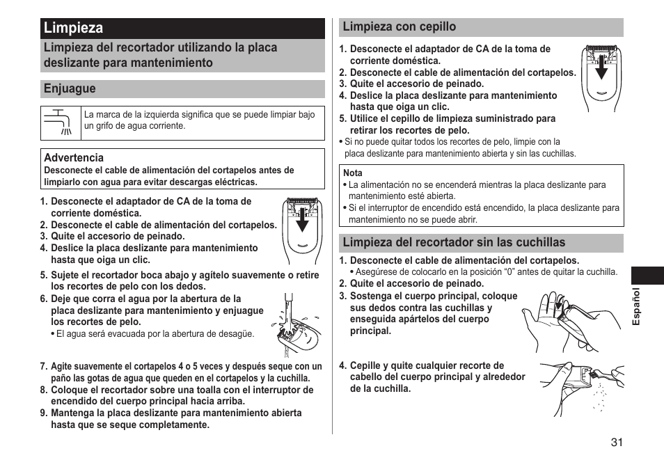 Limpieza, Limpiezaconcepillo, Limpiezadelrecortadorsinlascuchillas | Panasonic ERGC20 User Manual | Page 31 / 100