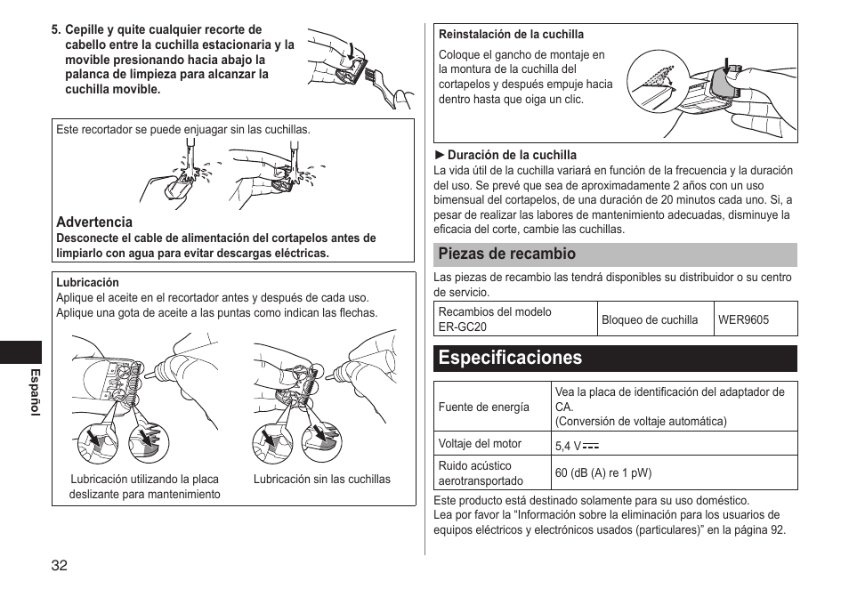 Especificaciones, Piezasderecambio | Panasonic ERGC20 User Manual | Page 32 / 100