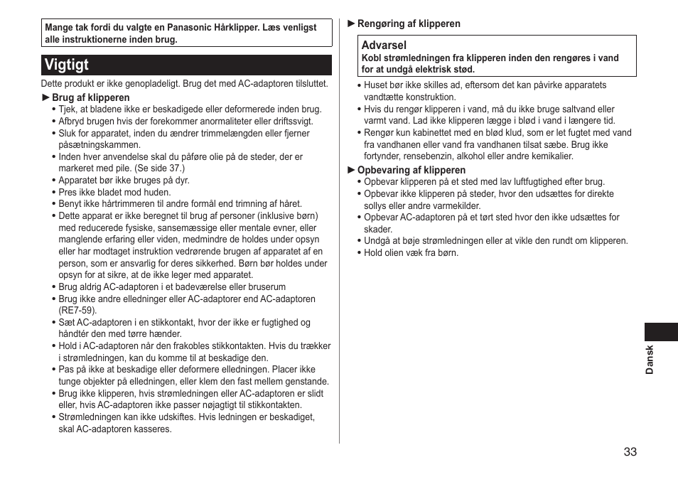 Vigtigt | Panasonic ERGC20 User Manual | Page 33 / 100