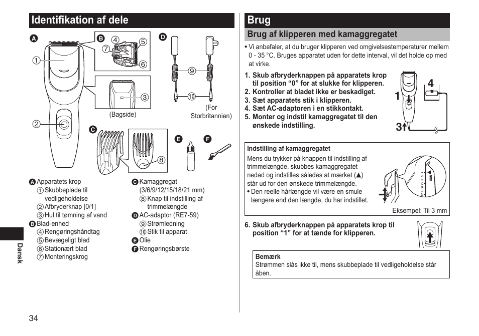 Identifikationafdele, Brug, Brugafklipperenmedkamaggregatet | Panasonic ERGC20 User Manual | Page 34 / 100