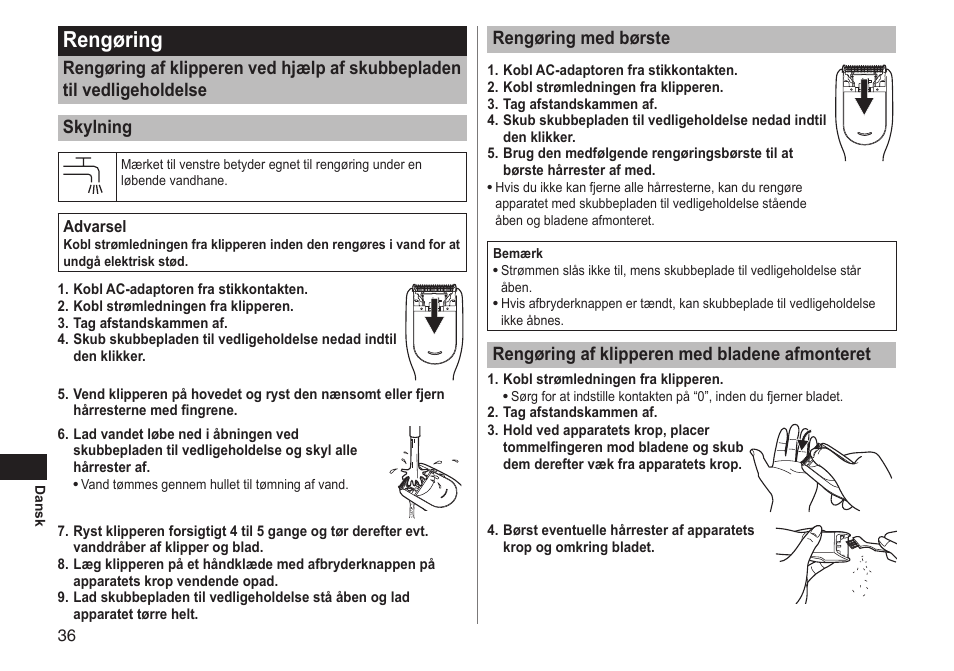 Rengøring, Rengøringmedbørste, Rengøringafklipperenmedbladeneafmonteret | Panasonic ERGC20 User Manual | Page 36 / 100