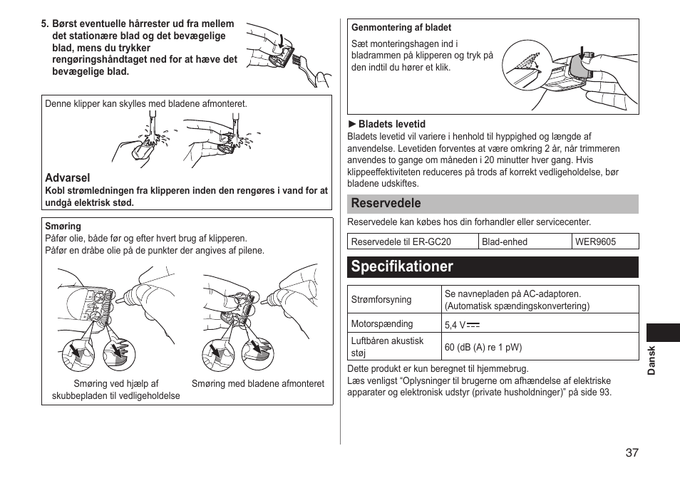 Specifikationer, Reservedele | Panasonic ERGC20 User Manual | Page 37 / 100