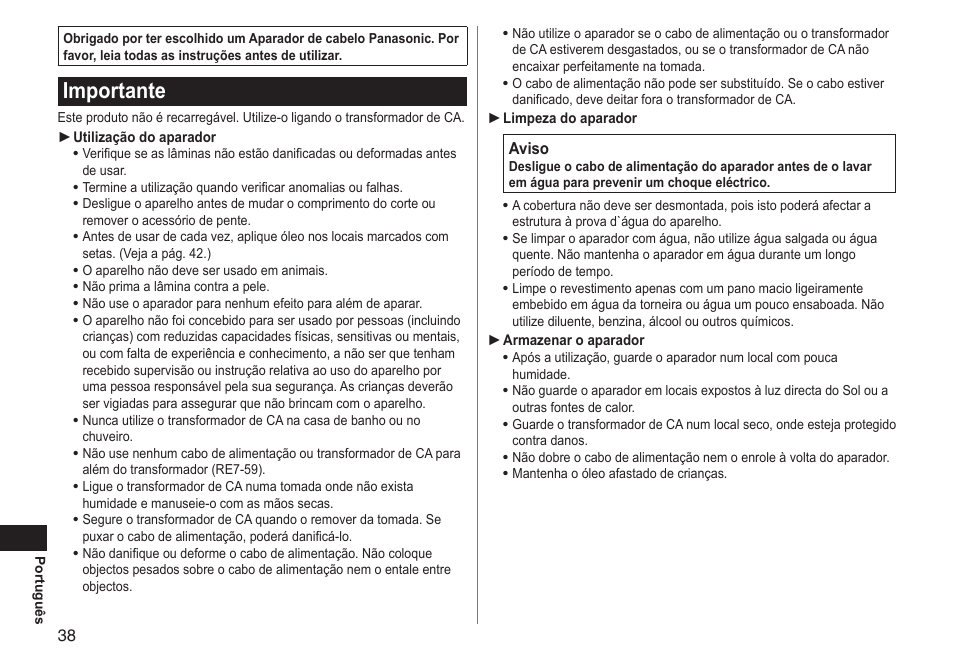 Importante | Panasonic ERGC20 User Manual | Page 38 / 100