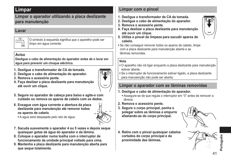 Limpar, Limparcomopincel, Limparoaparadorcomaslâminasremovidas | Panasonic ERGC20 User Manual | Page 41 / 100