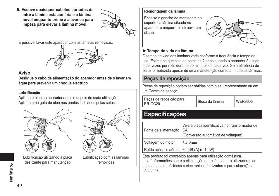 Especificações, Peçasdereposição | Panasonic ERGC20 User Manual | Page 42 / 100