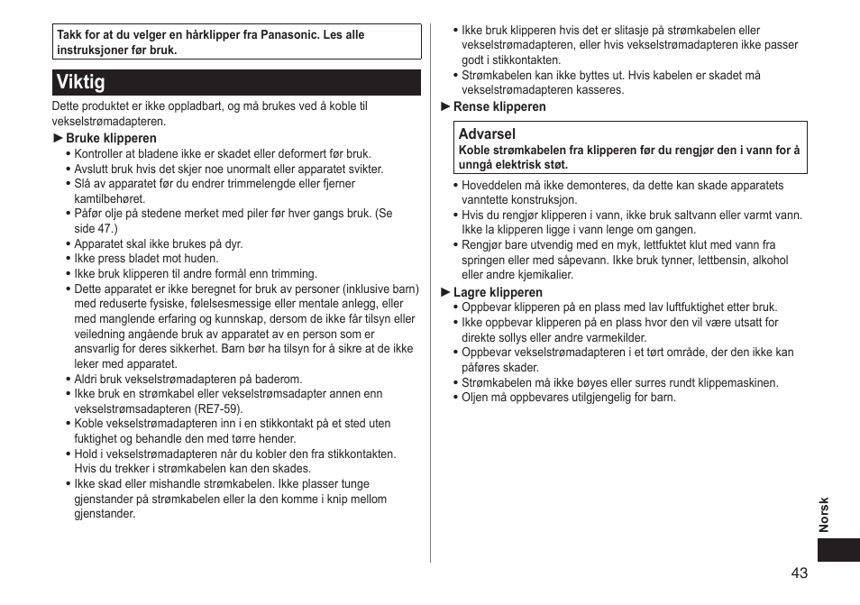 Viktig | Panasonic ERGC20 User Manual | Page 43 / 100