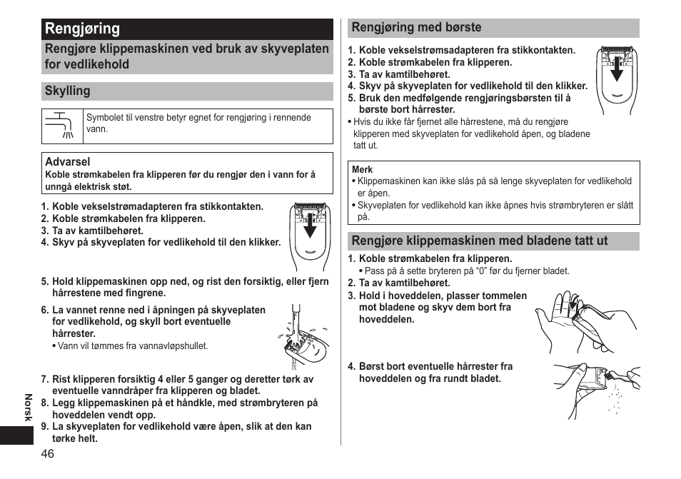 Rengjøring, Rengjøringmedbørste, Rengjøreklippemaskinenmedbladenetattut | Panasonic ERGC20 User Manual | Page 46 / 100