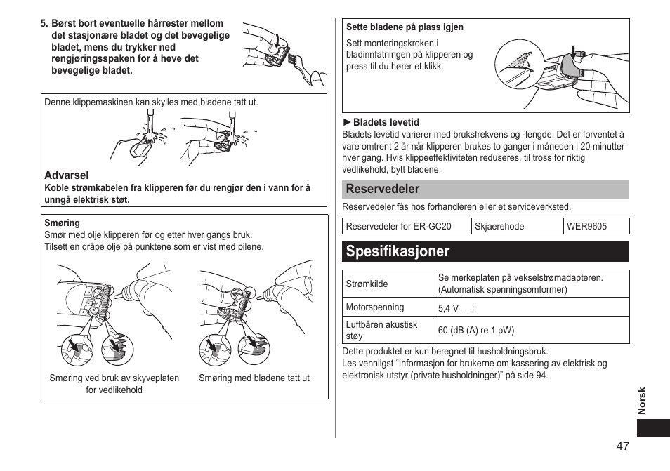 Spesifikasjoner, Reservedeler | Panasonic ERGC20 User Manual | Page 47 / 100