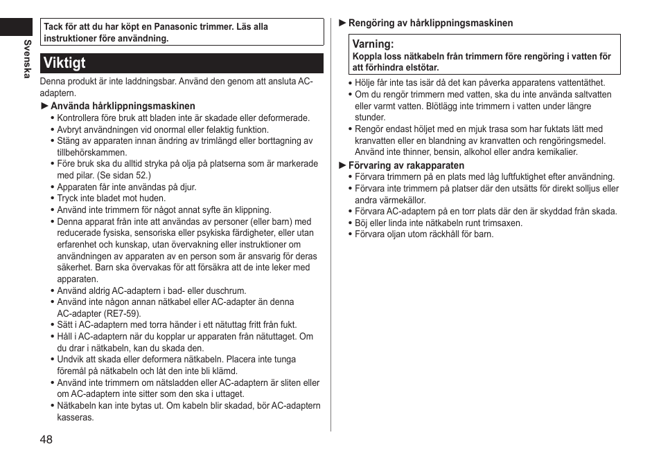 Viktigt | Panasonic ERGC20 User Manual | Page 48 / 100