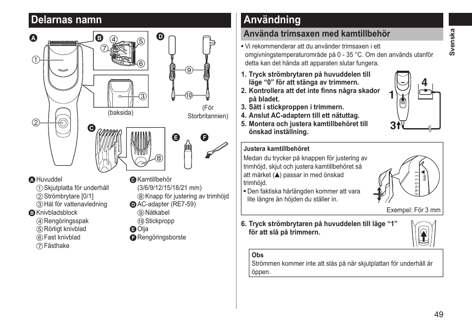 Delarnasnamn, Användning, Användatrimsaxenmedkamtillbehör | Panasonic ERGC20 User Manual | Page 49 / 100