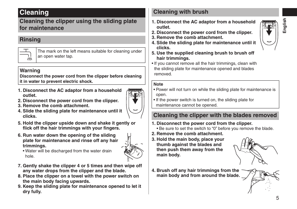 Cleaning, Cleaning with brush, Cleaning the clipper with the blades removed | Panasonic ERGC20 User Manual | Page 5 / 100