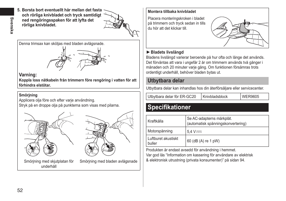 Specifikationer, Utbytbaradelar | Panasonic ERGC20 User Manual | Page 52 / 100