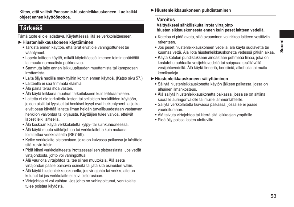 Tärkeää | Panasonic ERGC20 User Manual | Page 53 / 100