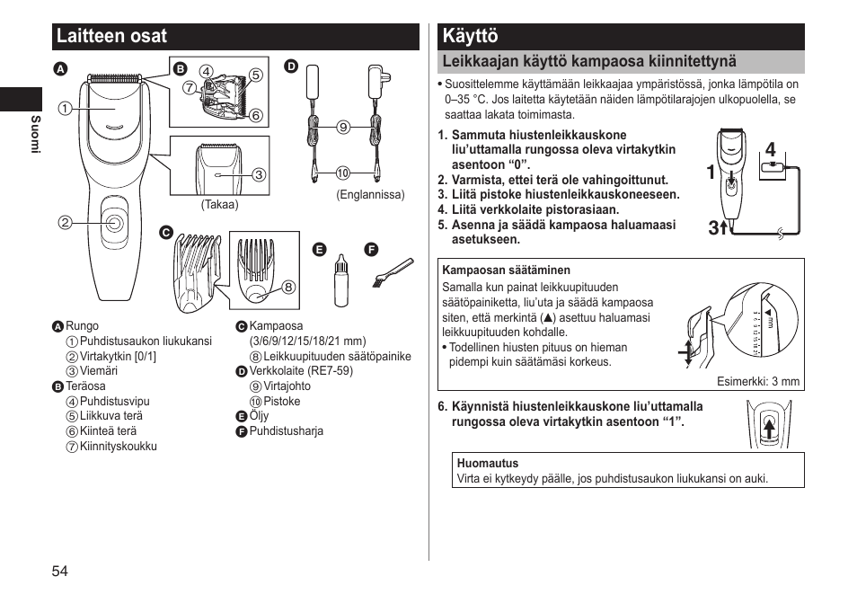 Laitteenosat, Käyttö, Leikkaajankäyttökampaosakiinnitettynä | Panasonic ERGC20 User Manual | Page 54 / 100