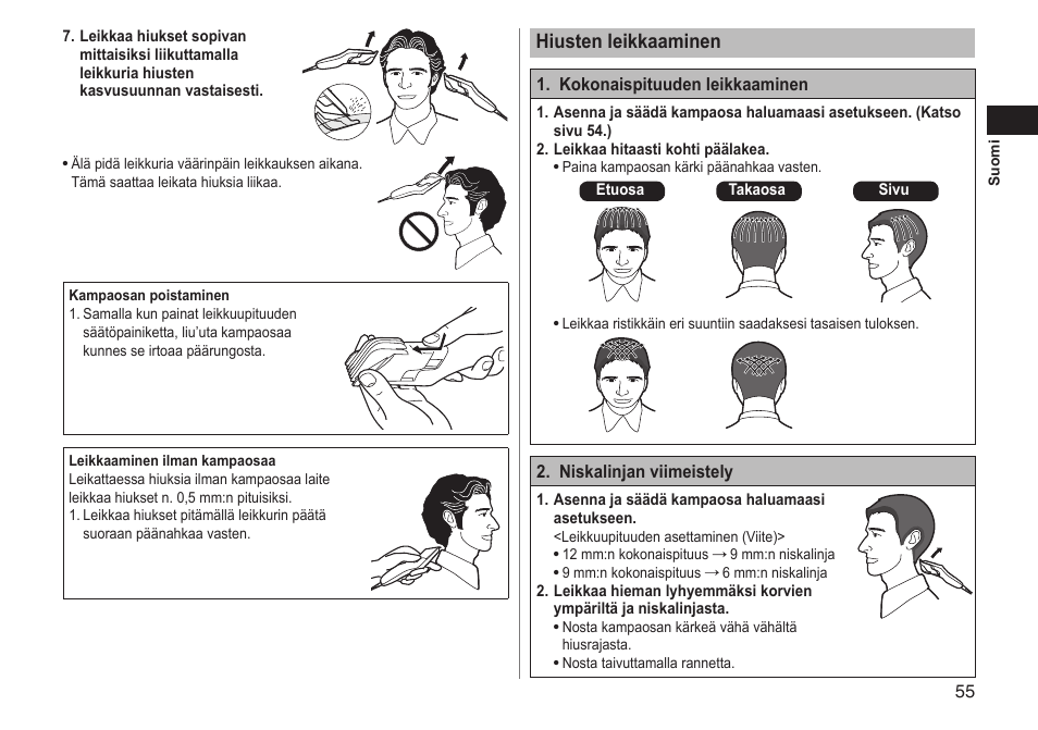 Hiustenleikkaaminen | Panasonic ERGC20 User Manual | Page 55 / 100