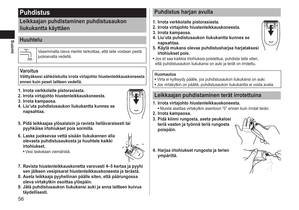 Puhdistus, Puhdistusharjanavulla, Leikkaajanpuhdistaminenterätirrotettuina | Panasonic ERGC20 User Manual | Page 56 / 100