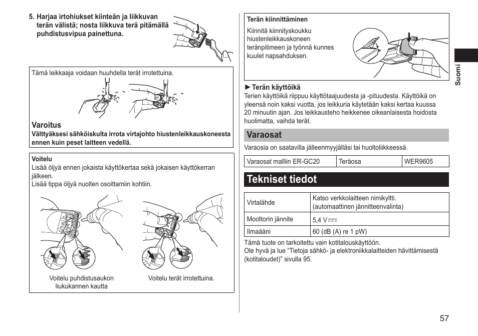 Teknisettiedot, Varaosat | Panasonic ERGC20 User Manual | Page 57 / 100