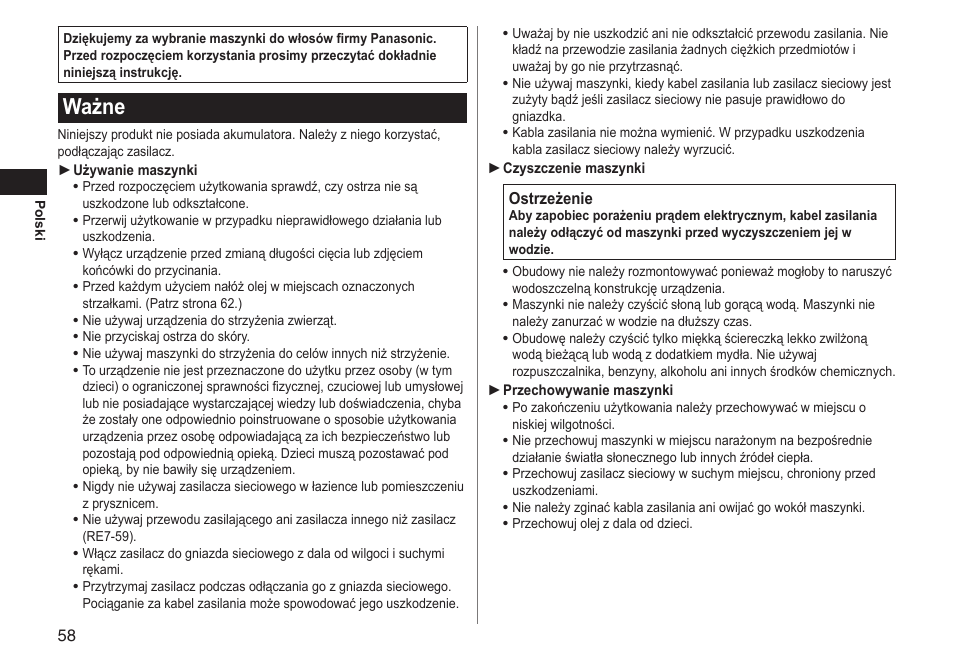 Ważne | Panasonic ERGC20 User Manual | Page 58 / 100