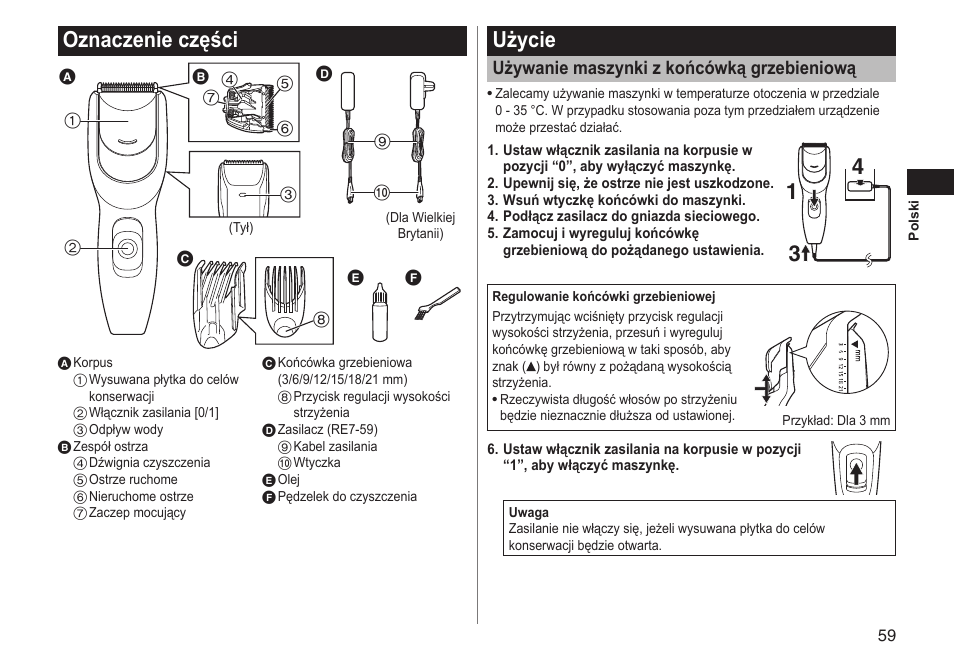 Oznaczenieczęści, Użycie, Używaniemaszynkizkońcówkągrzebieniową | Panasonic ERGC20 User Manual | Page 59 / 100