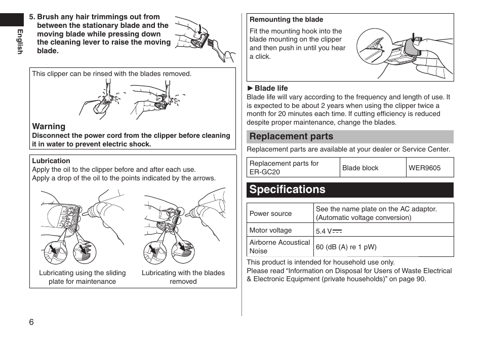 Specifications, Replacement parts | Panasonic ERGC20 User Manual | Page 6 / 100