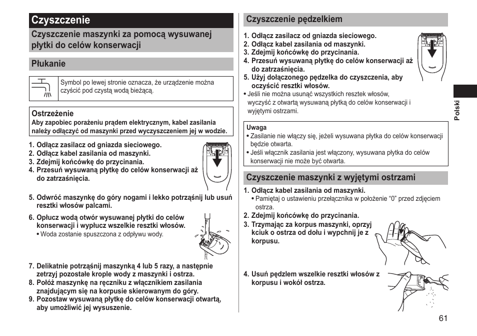 Czyszczenie, Czyszczeniepędzelkiem, Czyszczeniemaszynkizwyjętymiostrzami | Panasonic ERGC20 User Manual | Page 61 / 100