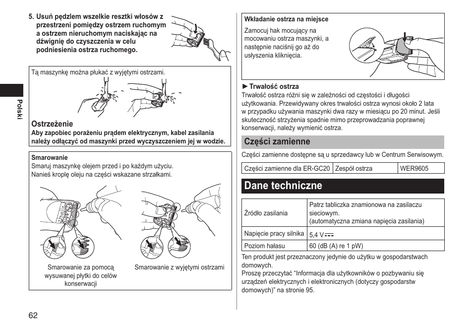 Danetechniczne, Częścizamienne | Panasonic ERGC20 User Manual | Page 62 / 100