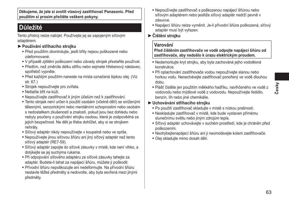 Důležité | Panasonic ERGC20 User Manual | Page 63 / 100