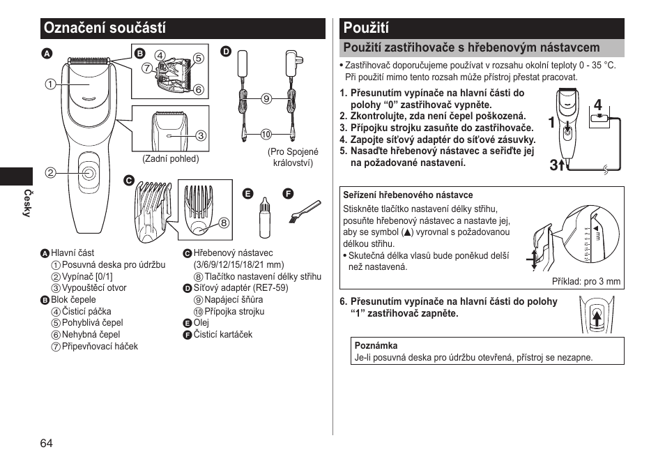 Označenísoučástí, Použití, Použitízastřihovačeshřebenovýmnástavcem | Panasonic ERGC20 User Manual | Page 64 / 100