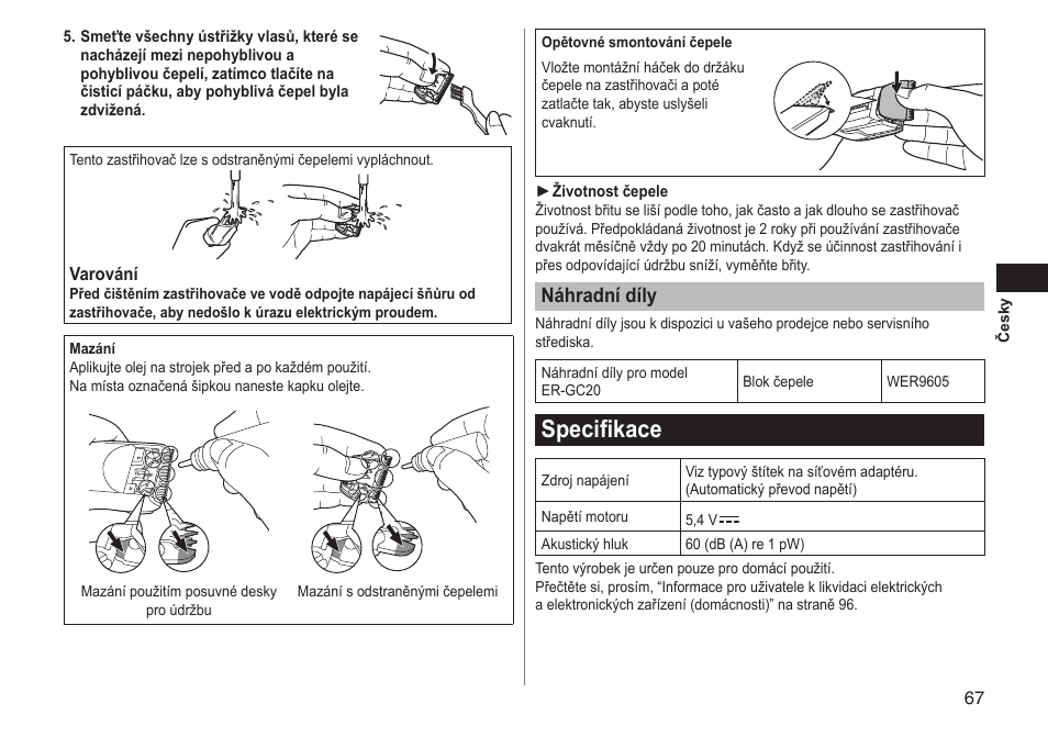 Specifikace, Náhradnídíly | Panasonic ERGC20 User Manual | Page 67 / 100