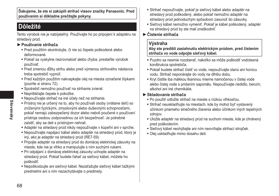 Dôležité | Panasonic ERGC20 User Manual | Page 68 / 100