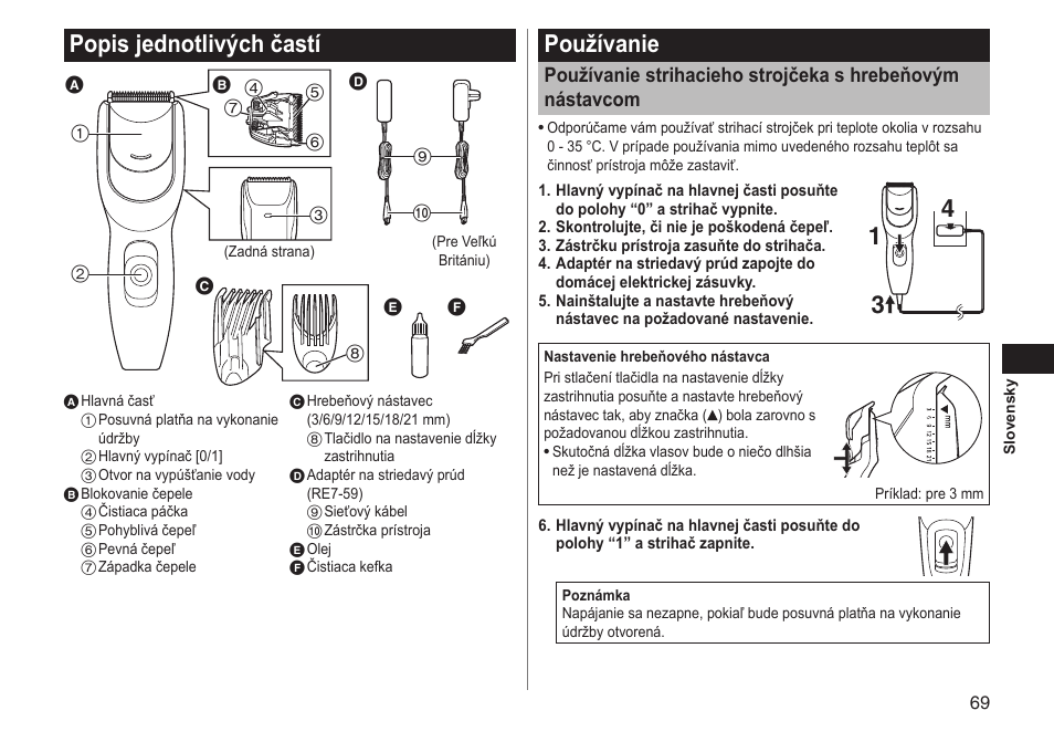 Popisjednotlivýchčastí, Používanie | Panasonic ERGC20 User Manual | Page 69 / 100