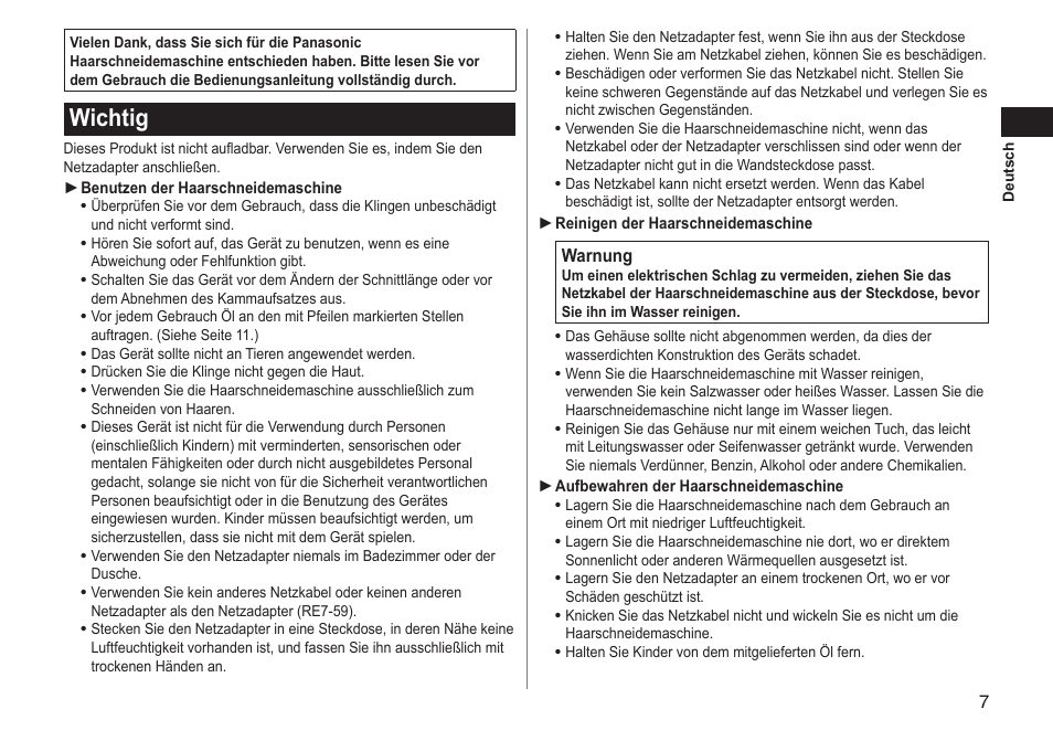 Wichtig | Panasonic ERGC20 User Manual | Page 7 / 100