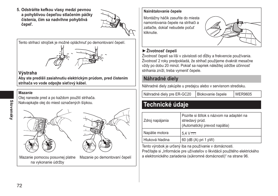 Technickéúdaje, Náhradnédiely | Panasonic ERGC20 User Manual | Page 72 / 100