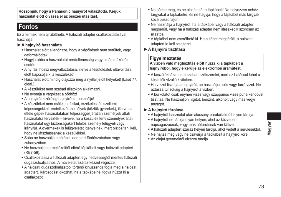 Fontos | Panasonic ERGC20 User Manual | Page 73 / 100