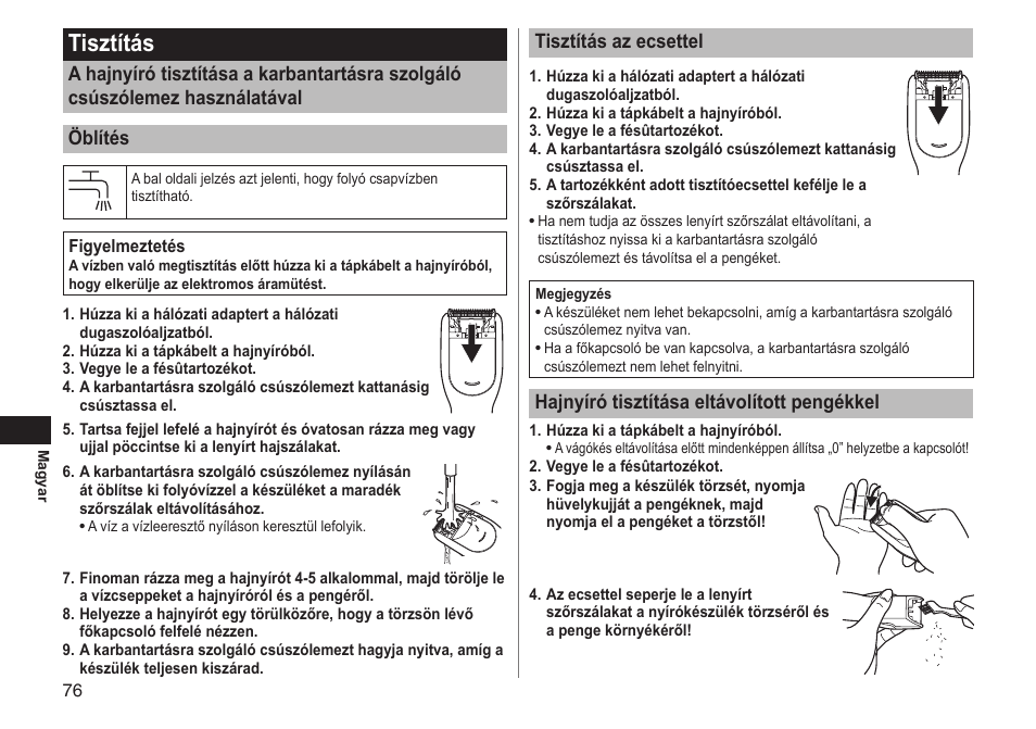 Tisztítás, Tisztításazecsettel, Hajnyírótisztításaeltávolítottpengékkel | Panasonic ERGC20 User Manual | Page 76 / 100