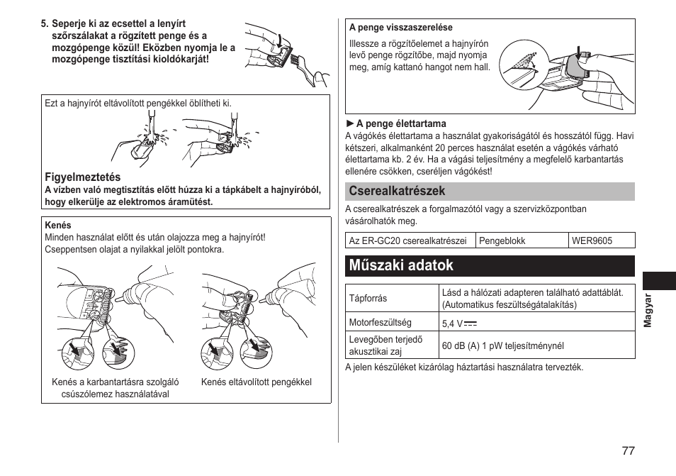 Műszakiadatok, Cserealkatrészek | Panasonic ERGC20 User Manual | Page 77 / 100