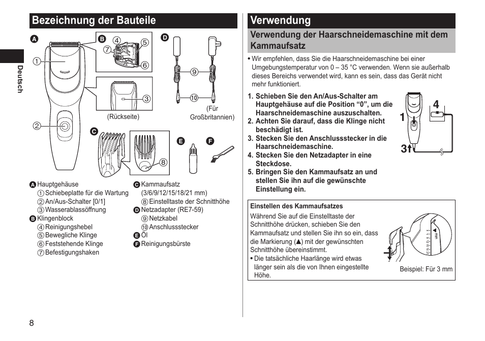 Bezeichnungderbauteile, Verwendung | Panasonic ERGC20 User Manual | Page 8 / 100