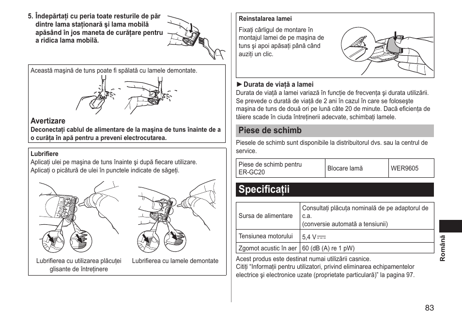 Specificaţii, Piesedeschimb | Panasonic ERGC20 User Manual | Page 83 / 100