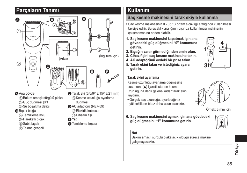 Parçalarıntanımı, Kullanım, Saçkesmemakinesinitarakekiylekullanma | Panasonic ERGC20 User Manual | Page 85 / 100