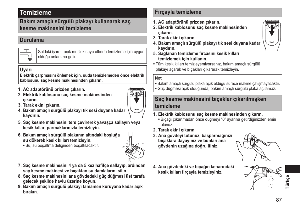 Temizleme, Fırçaylatemizleme | Panasonic ERGC20 User Manual | Page 87 / 100