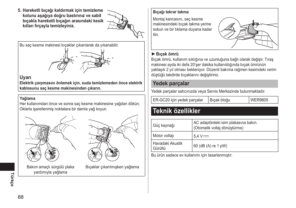 Tekniközellikler, Yedekparçalar | Panasonic ERGC20 User Manual | Page 88 / 100