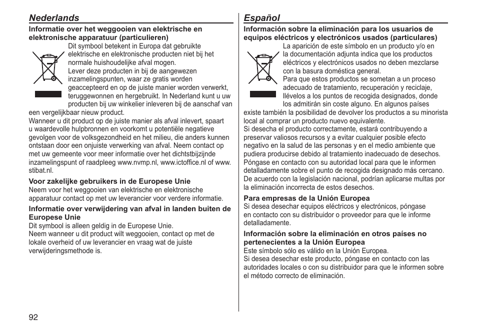 Nederlands, Español | Panasonic ERGC20 User Manual | Page 92 / 100