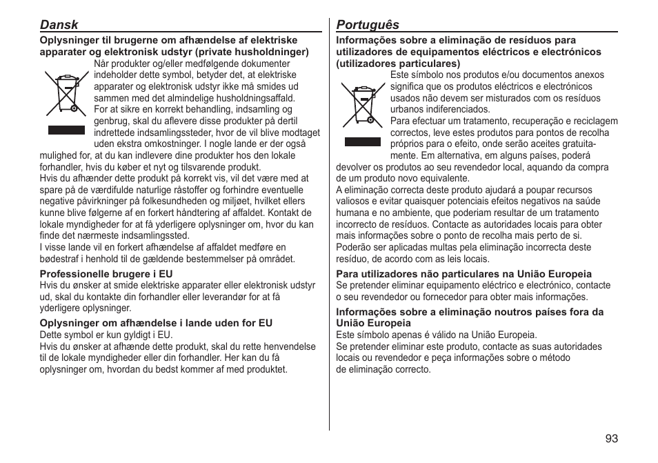 Dansk, Português | Panasonic ERGC20 User Manual | Page 93 / 100