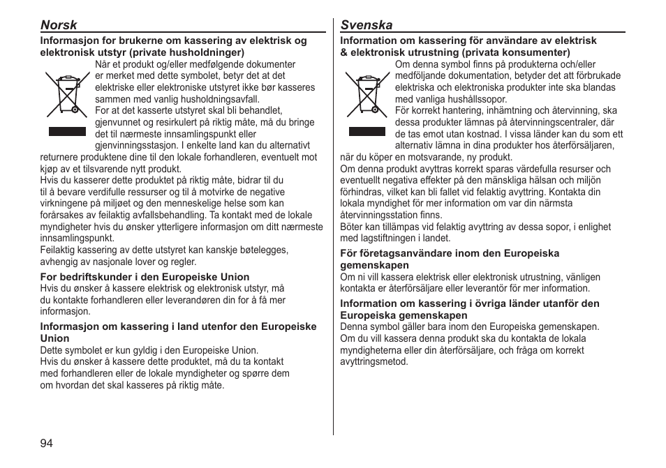 Norsk, Svenska | Panasonic ERGC20 User Manual | Page 94 / 100