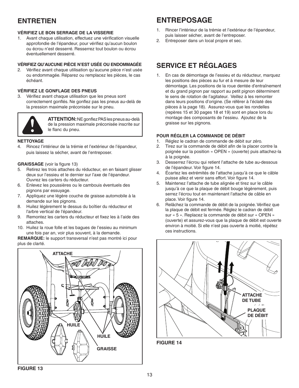 Entreposage, Entretien, Service et réglages | Agri-Fab AgriFab Push Spreader 45-0462/45-0471 User Manual | Page 13 / 20