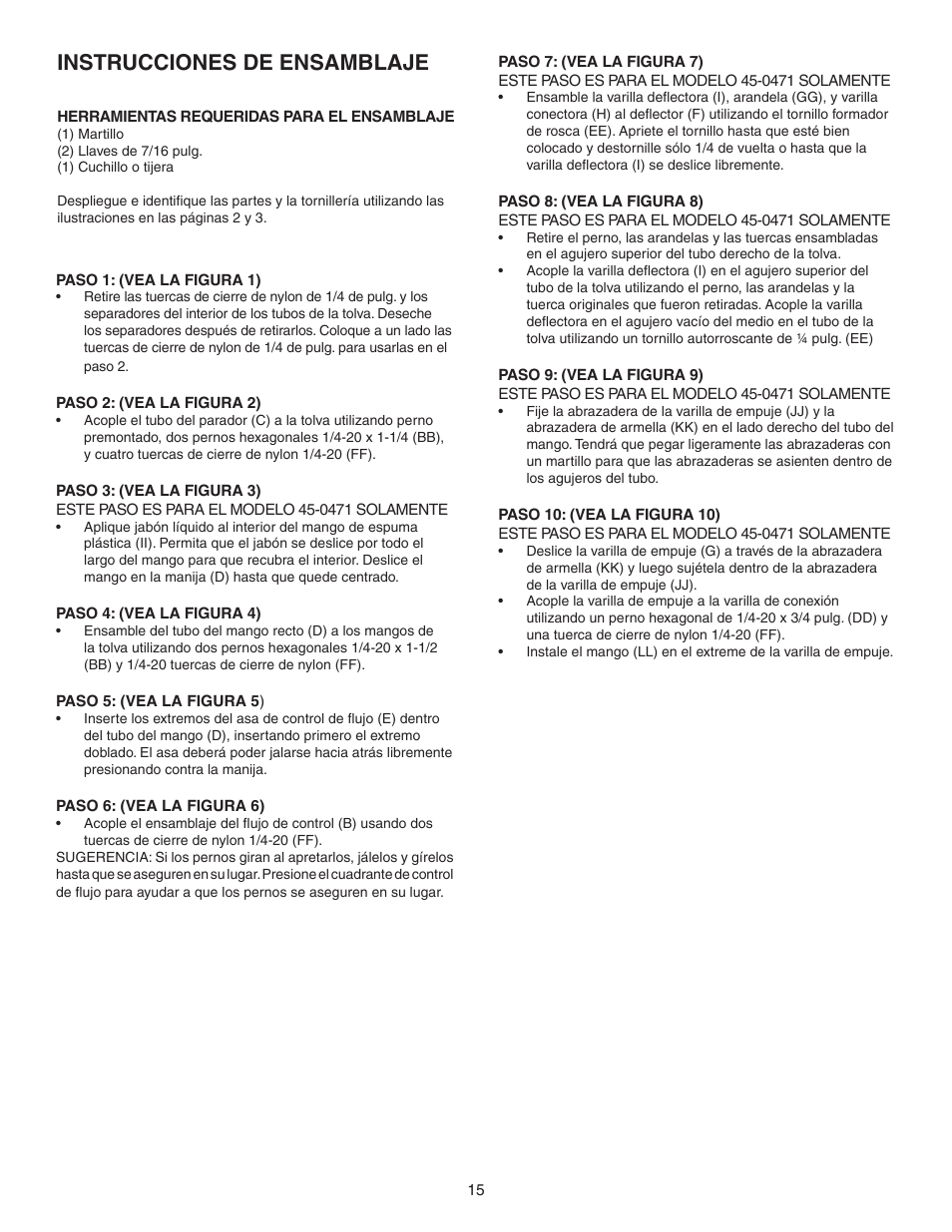 Instrucciones de ensamblaje | Agri-Fab AgriFab Push Spreader 45-0462/45-0471 User Manual | Page 15 / 20