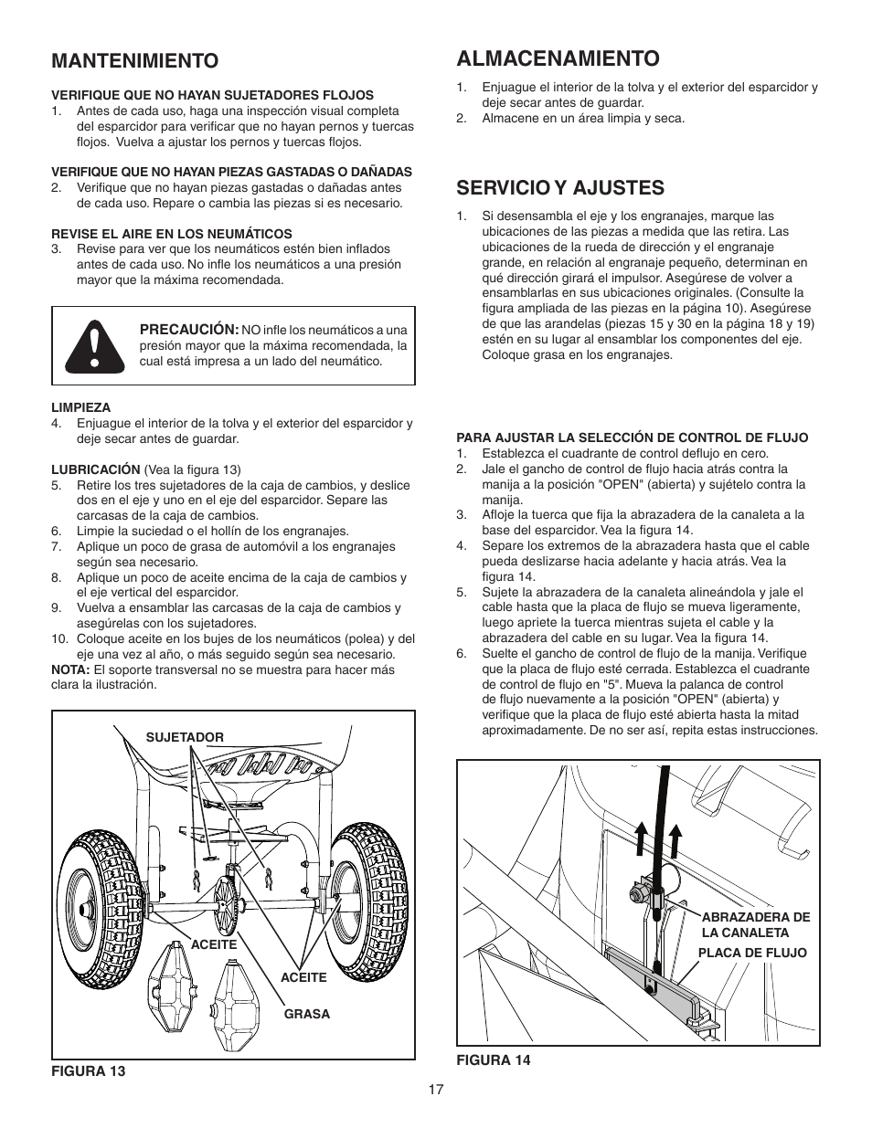 Almacenamiento, Mantenimiento, Servicio y ajustes | Agri-Fab AgriFab Push Spreader 45-0462/45-0471 User Manual | Page 17 / 20