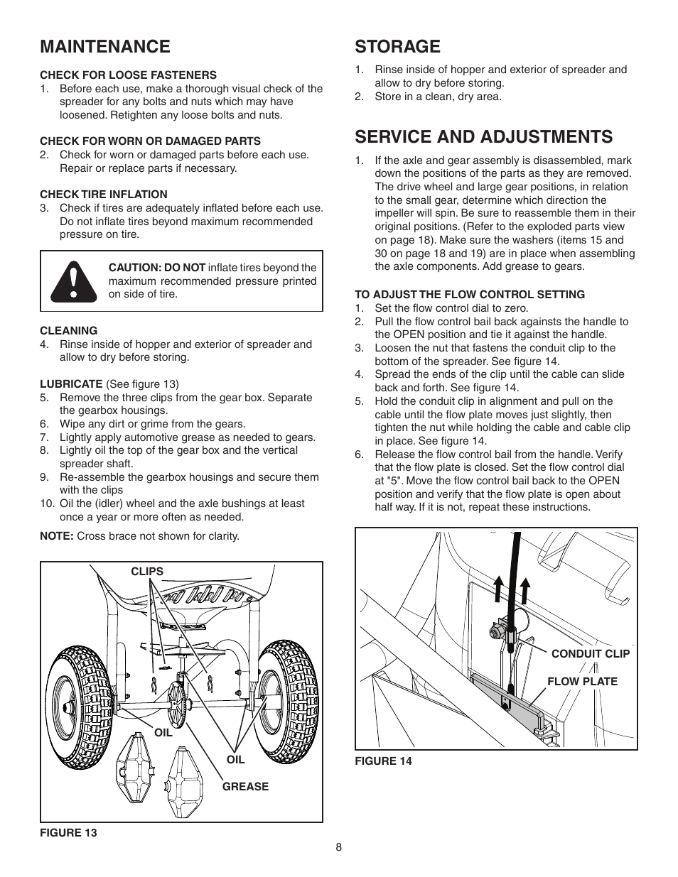 Maintenance, Storage, Service and adjustments | Agri-Fab AgriFab Push Spreader 45-0462/45-0471 User Manual | Page 8 / 20