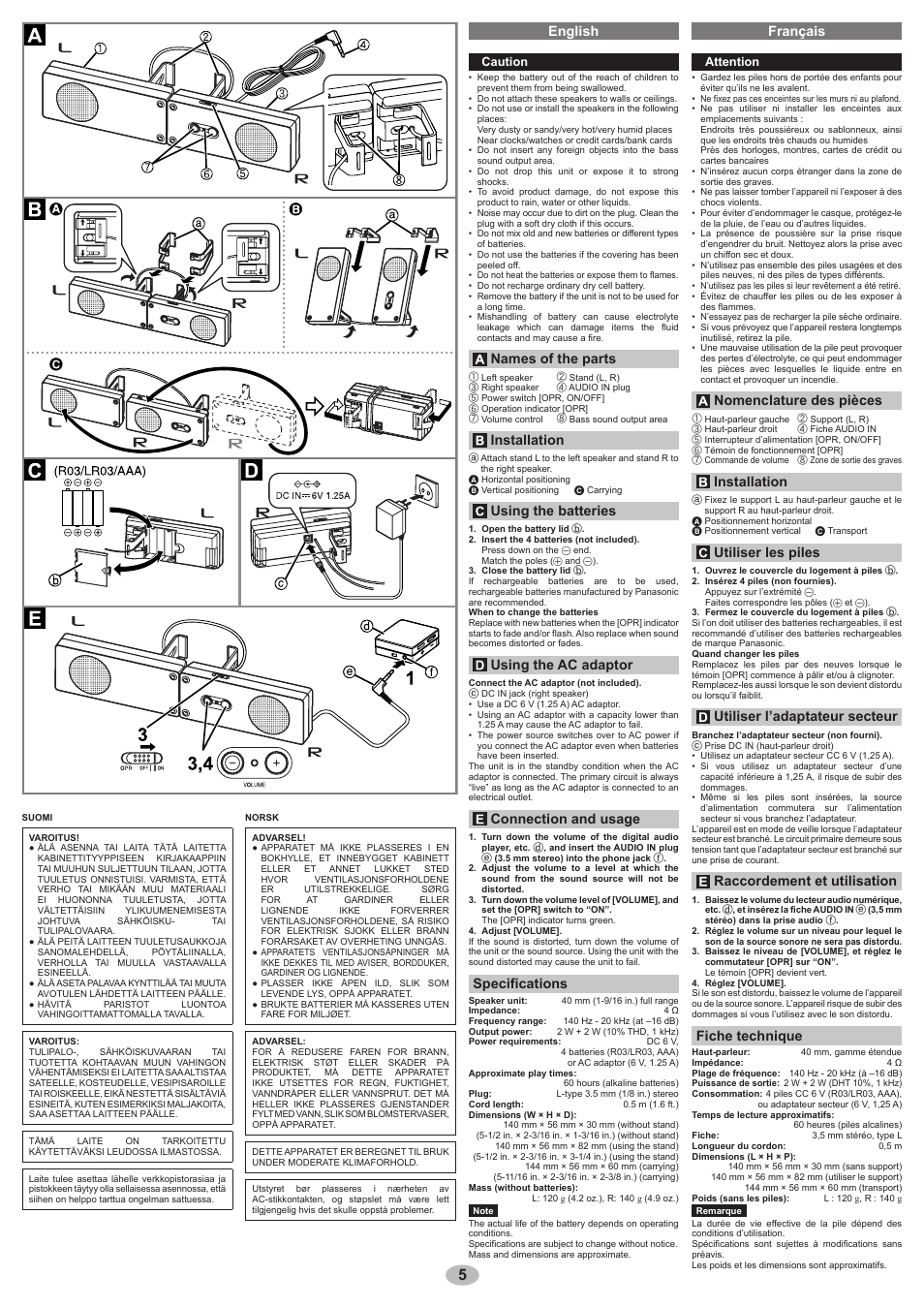 English, English français, Names of the parts | Installation, Using the batteries, Using the ac adaptor, Connection and usage, Specifications, Nomenclature des pièces, Utiliser les piles | Panasonic RPSP48 User Manual | Page 5 / 8