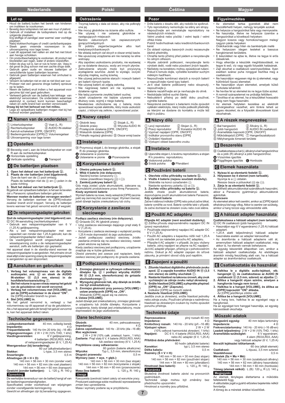 Nederlands polski čeština magyar, Namen van de onderdelen, Opstellen | De batterijen plaatsen, De netspanningsadapter gebruiken, Aansluiten en gebruiken, Technische gegevens, Nazwy części, Instalacja, Korzystanie z baterii | Panasonic RPSP48 User Manual | Page 7 / 8